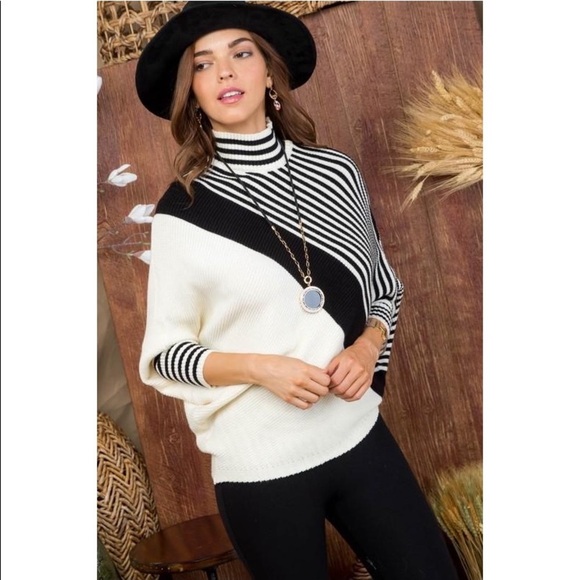 Mock Neck Batwing Striped Knit Sweater - Picture 4 of 6